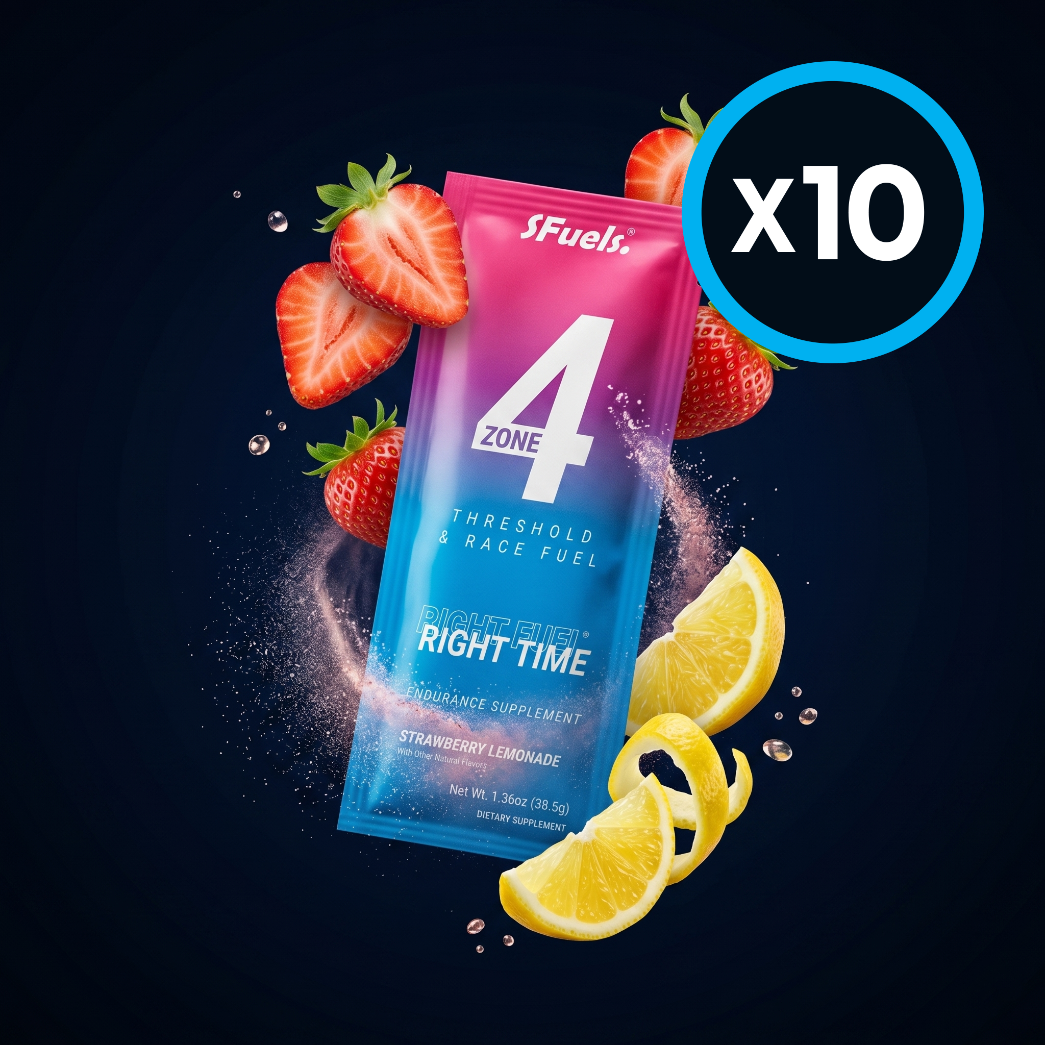 S Fuels Zone 4 endurance supplement package with strawberries and lemon slices 10 pack on a dark background