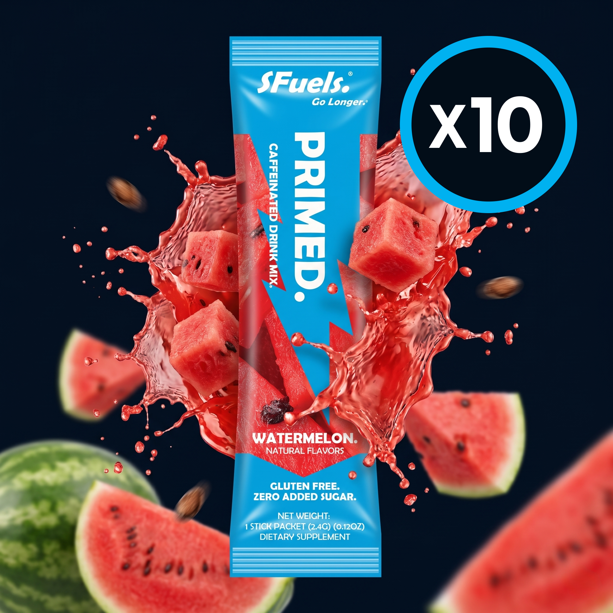 S Fuels Primed Caffeinated Watermelon drink mix 10 pack with watermelon slices on a dark background