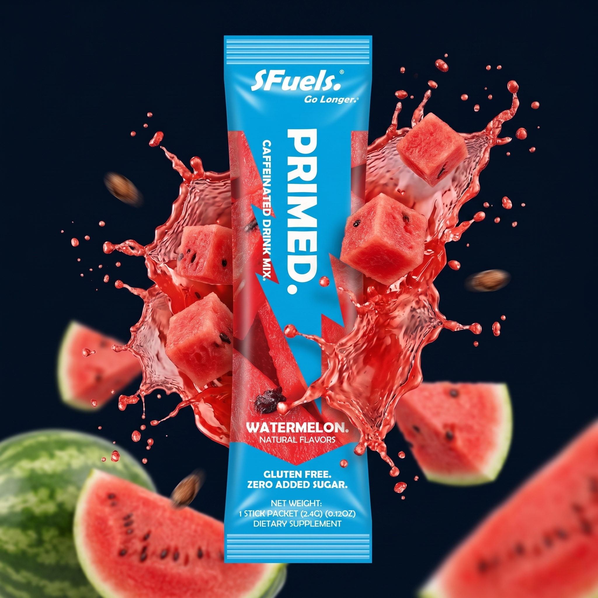 S Fuels Primed Caffeinated Drink Mix package with watermelon slices and juice splashes on a dark background