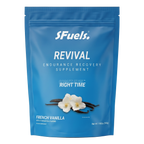 Blue package of sFuels Revival endurance recovery supplement with vanilla flowers on a white background