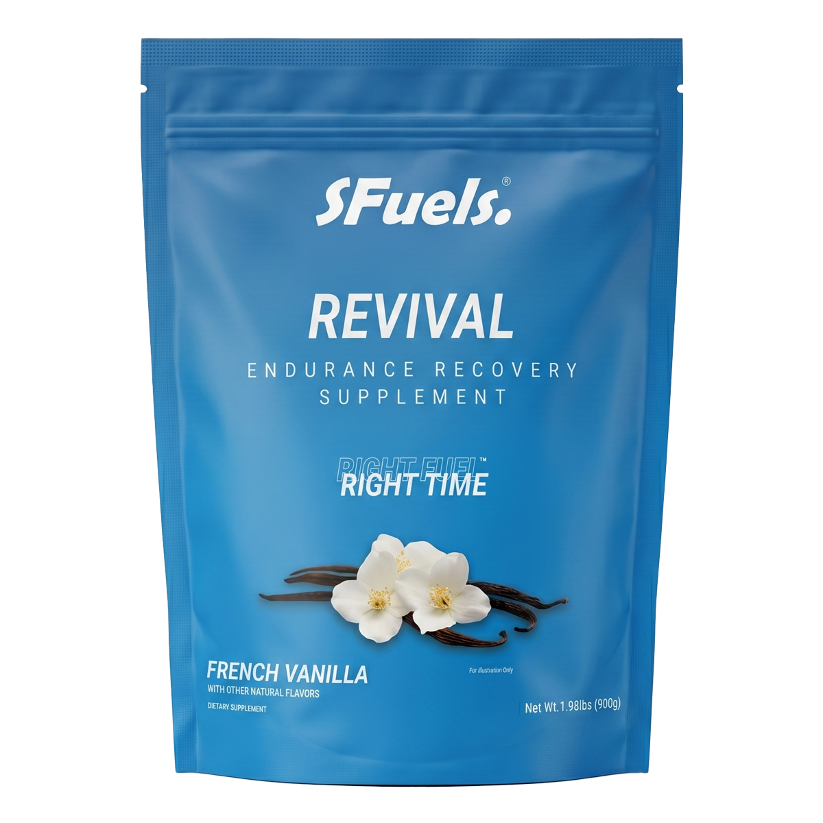 Blue package of sFuels Revival endurance recovery supplement with vanilla flowers on a white background