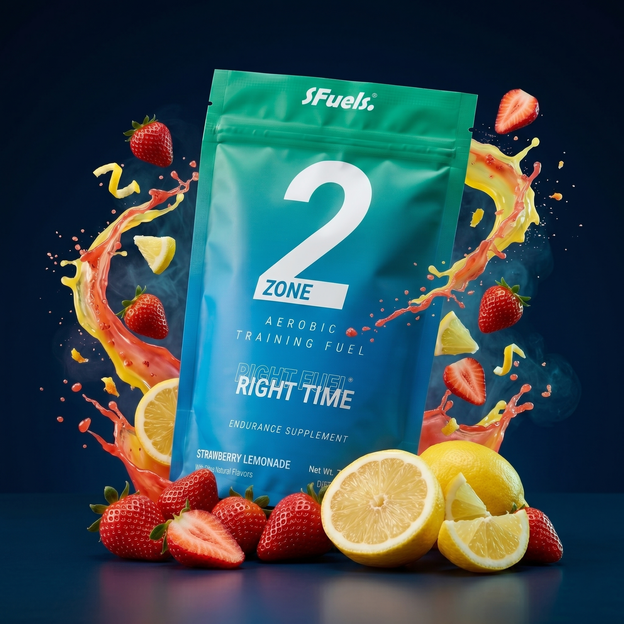 SFuels 2 Zone aerobic training fuel package with strawberries and lemons on a dark background
